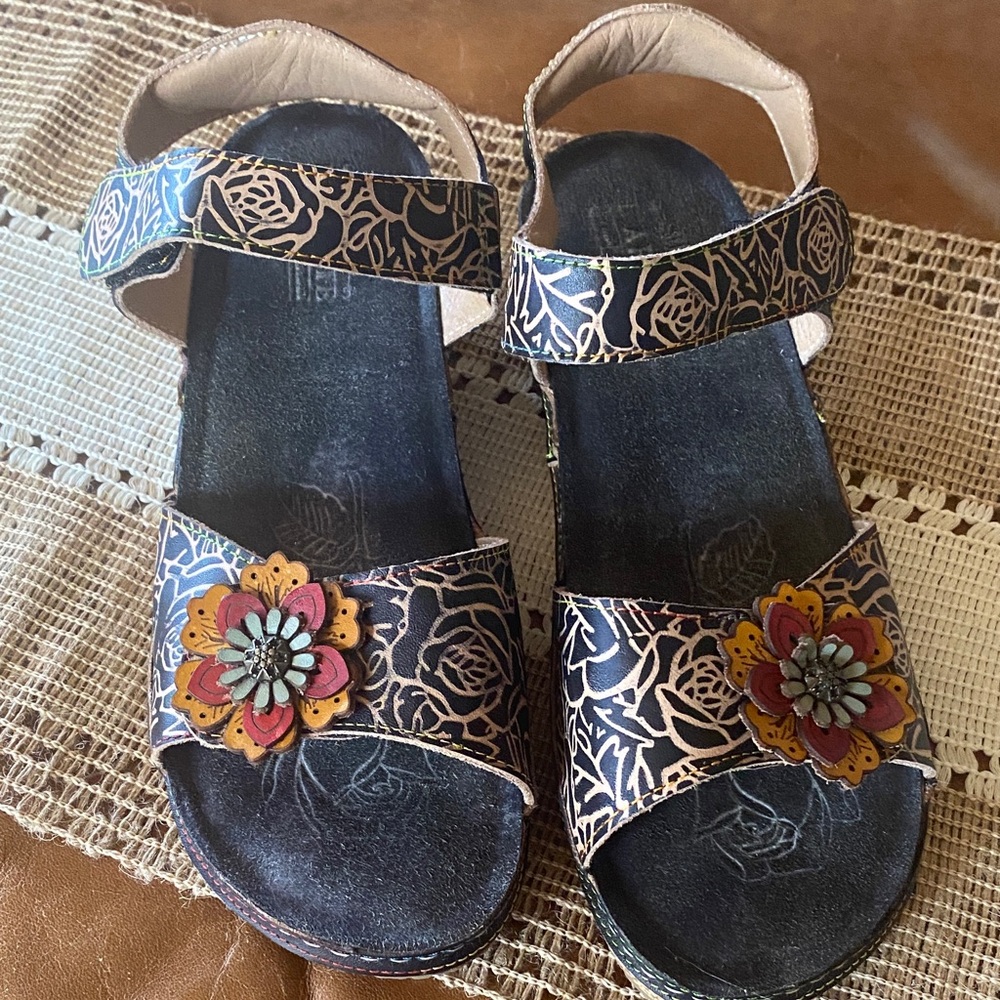 Spring Step Black Sandals with Multicolor Floral Appliqués